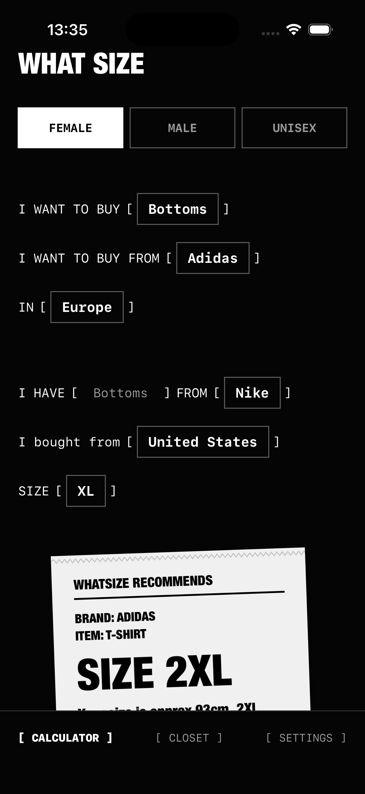 WhatSize app calculator screen showing size conversion: user selects Male gender, chooses to buy Bottoms from Adidas in Asia region. Result displays recommended Size M with waist measurement of 81-86 CM on receipt-style output card.